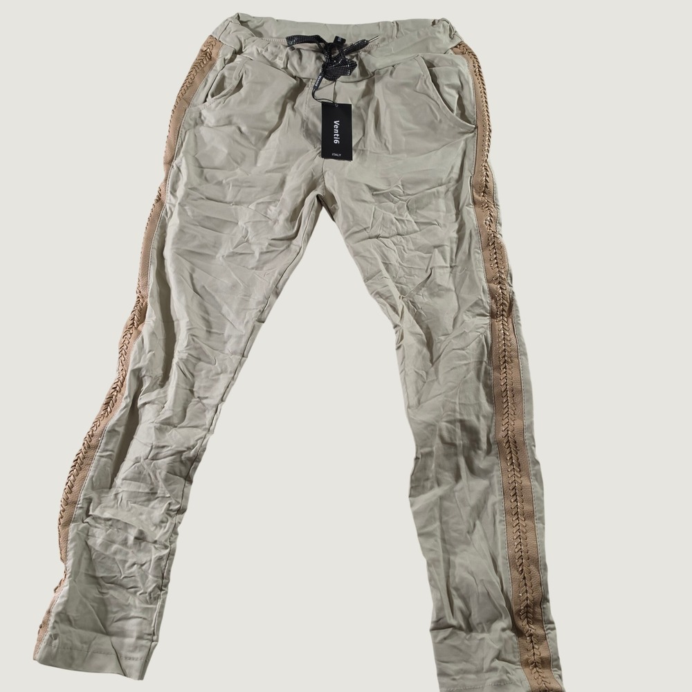 Venti6 Italy Womens Braided Side Stripe Jogger Pants Tan Beige Size M New
